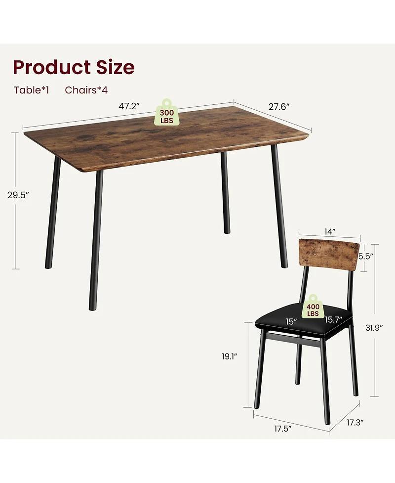 homfan Dining Table Set for 4 With Upholstered Chairs, Beveled Edge Design, Wood Kitchen Chairs Dining, Room, Apartment