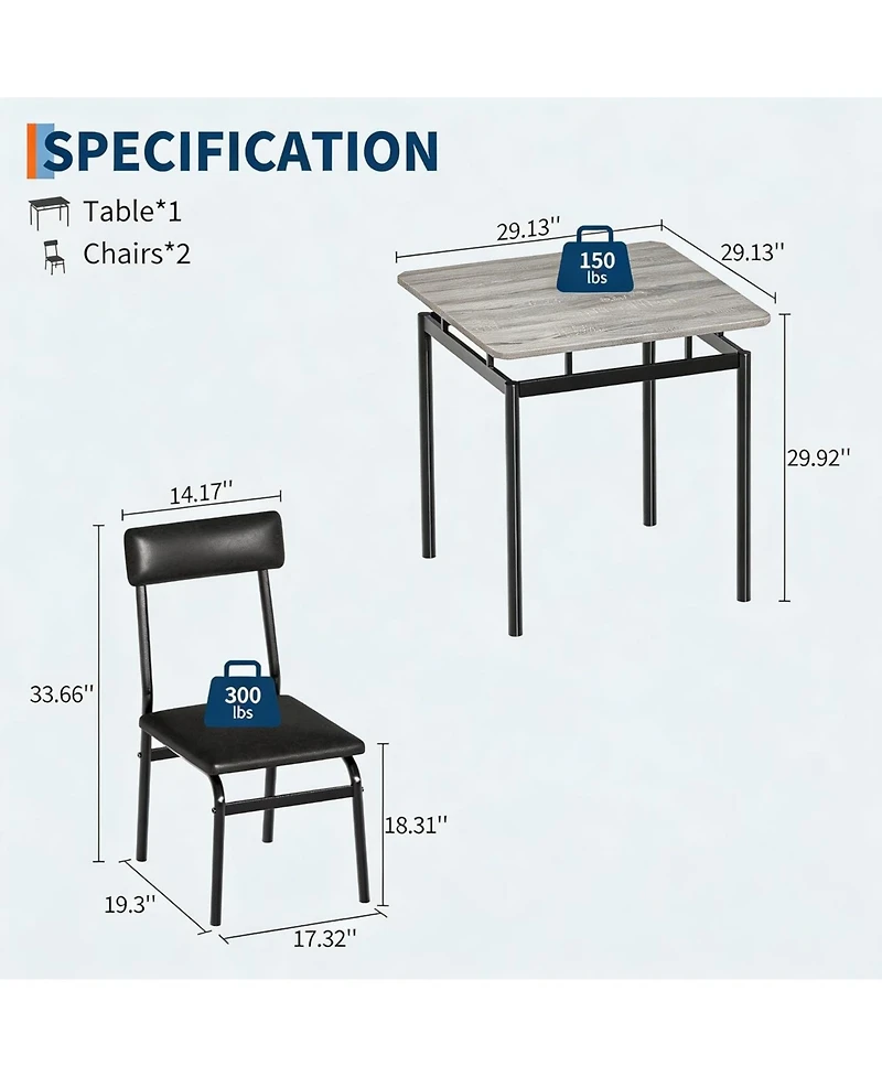 homfan 3 Piece Dining Table Set, Kitchen Table Set for 2 with Pu Upholstered Chair, Metal Frame for Small Space, Dining Room, Apartment, Studio