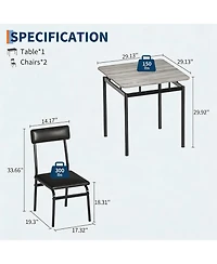 homfan 3 Piece Dining Table Set, Kitchen Table Set for 2 with Pu Upholstered Chair, Metal Frame for Small Space, Dining Room, Apartment, Studio