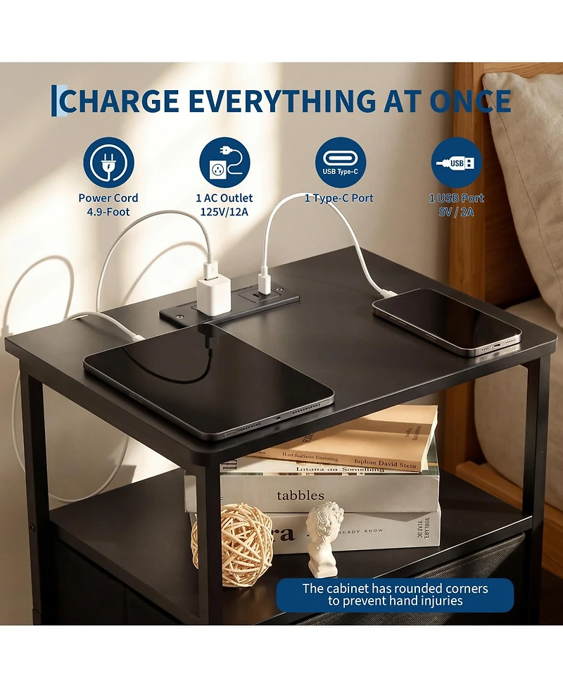 gaomon Nightstand with Charging Station, 3-Tier Open Storage Side Table Fabric Drawer, Sturdy Metal Frame End