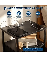 gaomon Nightstand with Charging Station, 3-Tier Open Storage Side Table Fabric Drawer, Sturdy Metal Frame End