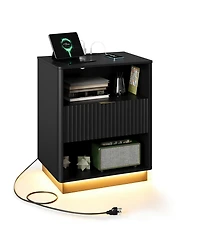 gaomon Fluted Nightstand with Charging Station, Wooden Night Stand with Led Light