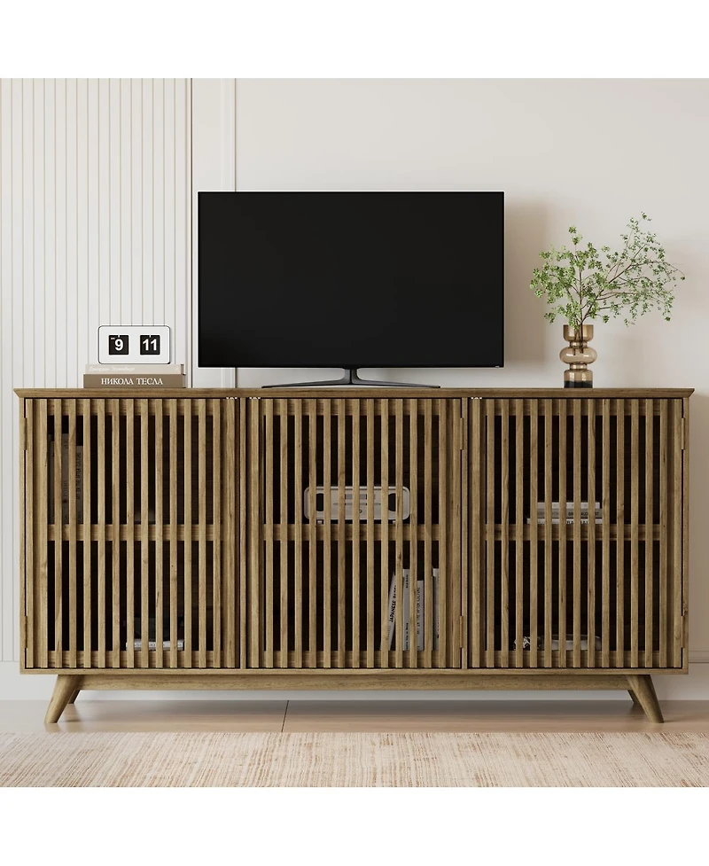 Streamdale Furniture 58.86" Solid Pine Mid-Century Modern Tv Stand with Adjustable Shelf