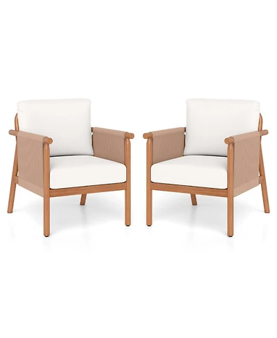 Sugift Set of 2 Acacia Wood Patio Chairs with Woven Rope Armrests and Seat Back Cushions