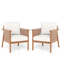 Sugift Set of 2 Acacia Wood Patio Chairs with Woven Rope Armrests and Seat Back Cushions