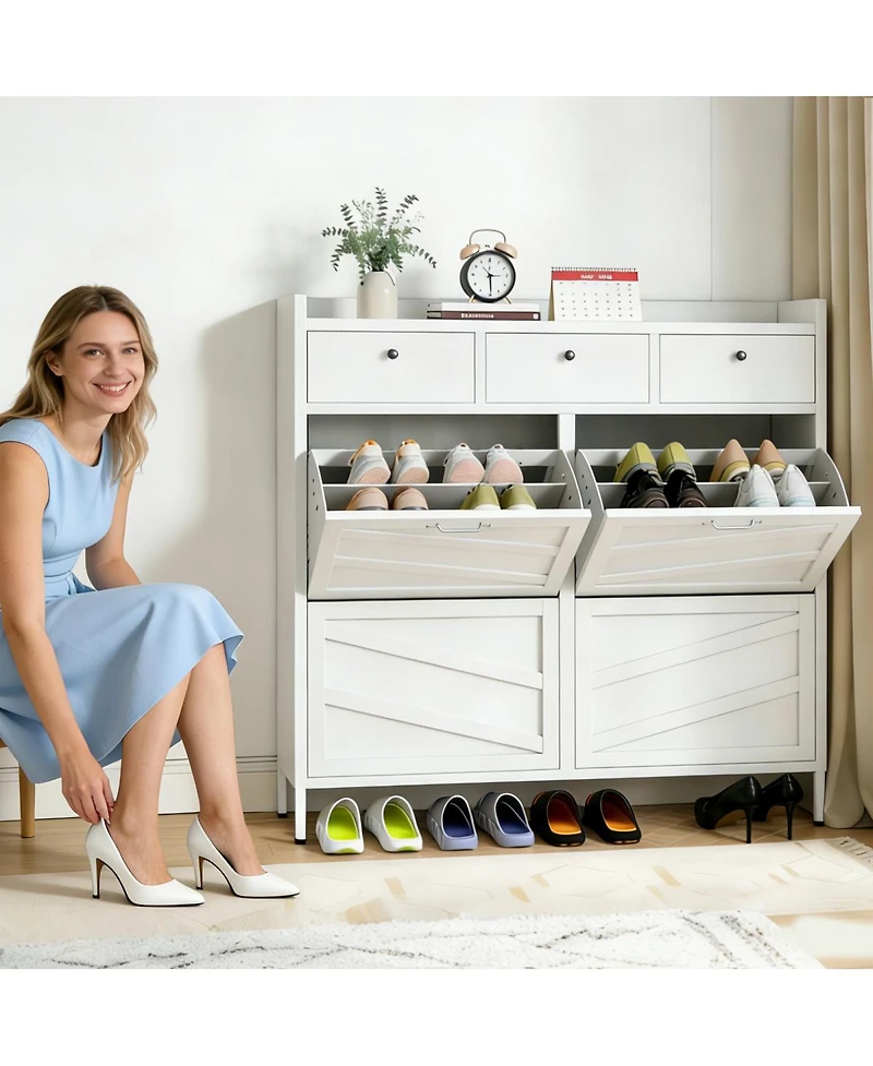 Streamdale Furniture 4-Flip and 3-Drawer Metal Shoe Cabinet, Slim Freestanding Steel Organizer