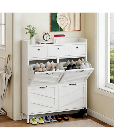 Streamdale Furniture 4-Flip and 3-Drawer Metal Shoe Cabinet, Slim Freestanding Steel Organizer