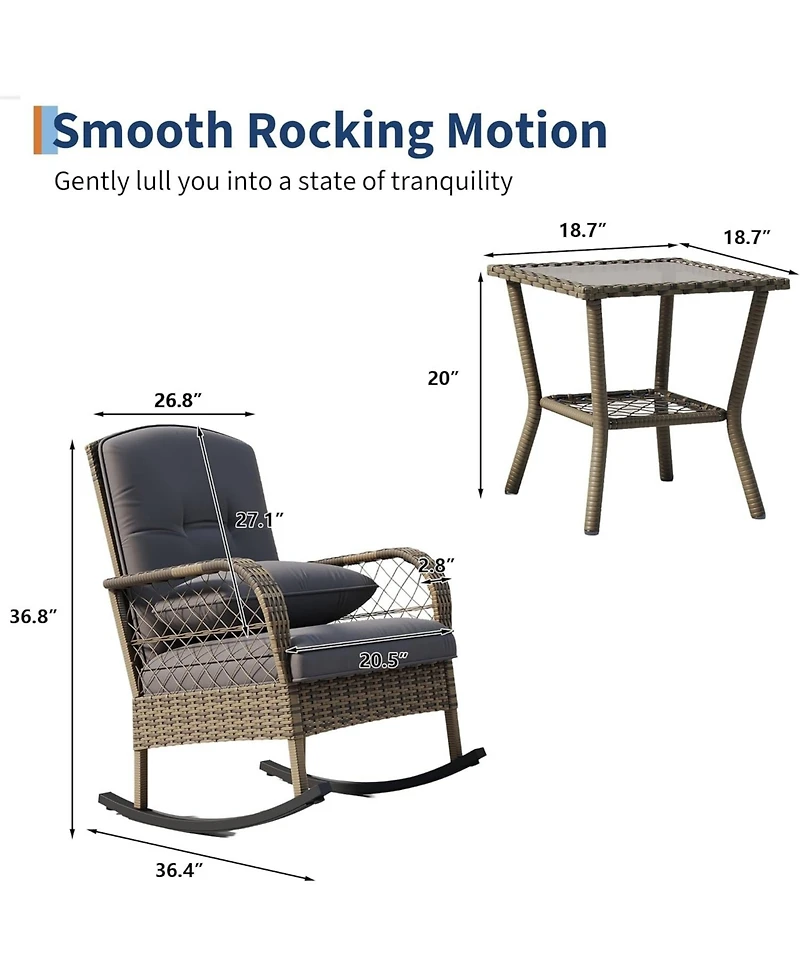 gaomon 3 Piece Outdoor Wicker Rocking Chair, Weather Resistant Wicker with Table for Porch, Backyard, Garden and Patio