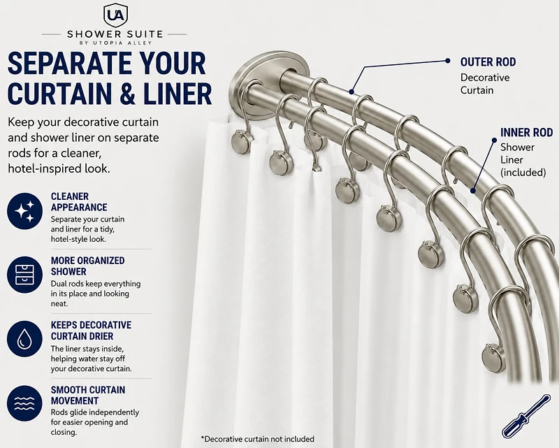Utopia Alley 45-72" Aluminum Adjustable Wall Mounted Double Curved Shower Rod, Rust-Proof