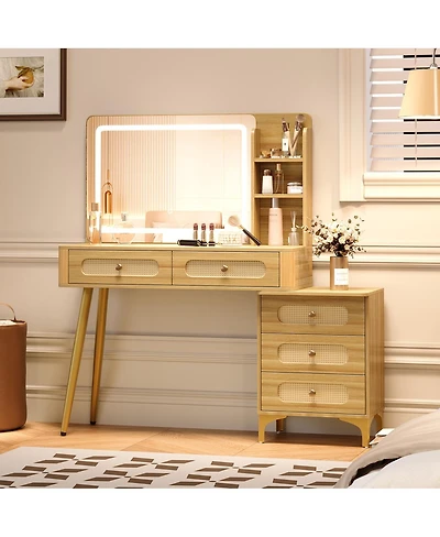 Streamdale Furniture 47'' Vintage Rattan Makeup Vanity Desk with Lighted Mirror and 5 Drawers