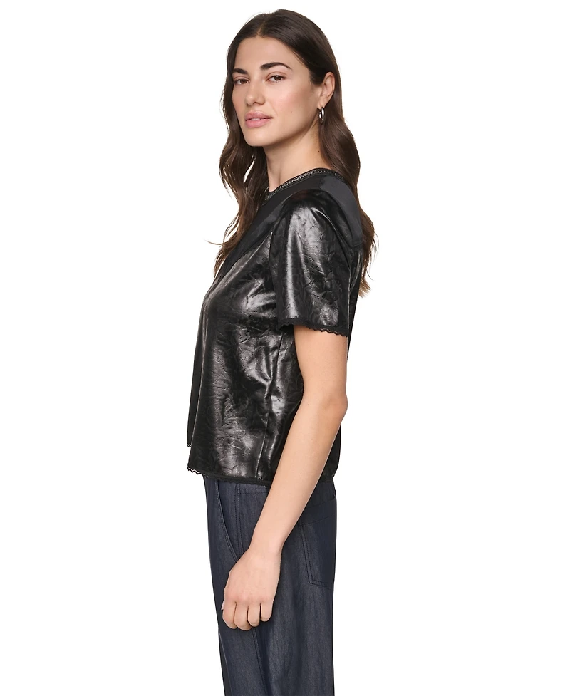 Dkny Women's Chain Neck Short-Sleeve Mixed Media Top