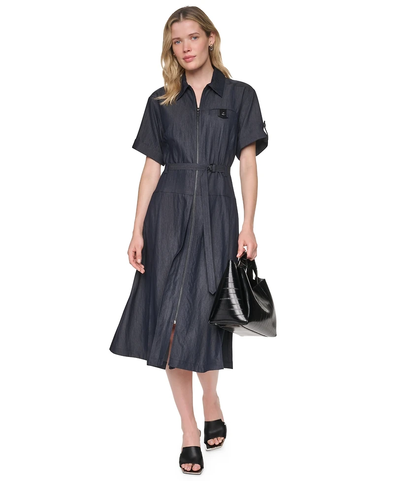 Dkny Women's Collared Short-Sleeve Removable Belt Midi Dress