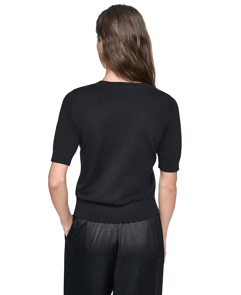 Dkny Women's Lace Trim Crewneck Short-Sleeve Cotton Sweater