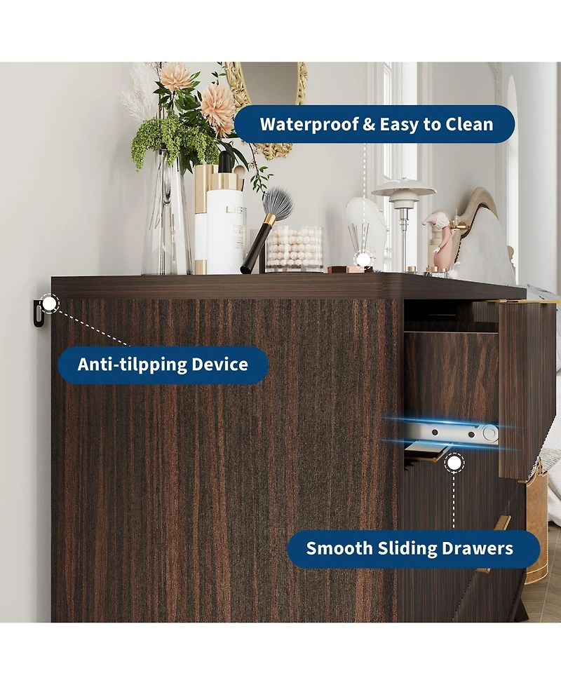 homfan Fluted 7 Drawer Dresser with Curved Profile and Metal Handles for Bedroom, Living Room, Entryway, Closet