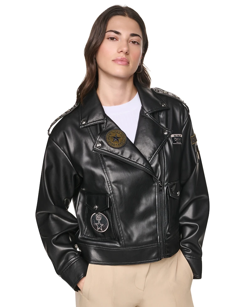 Dkny Women's Faux Leather Collared Zip-Front Jacket