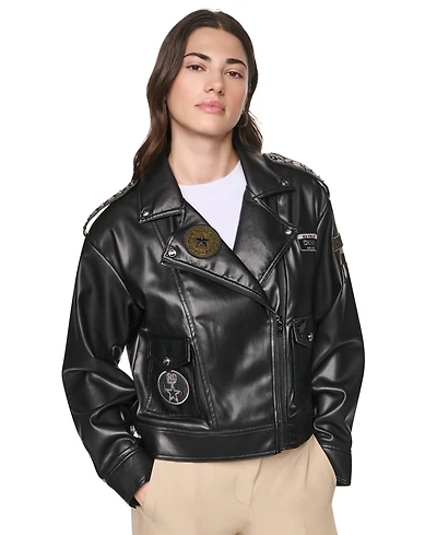 Dkny Women's Faux Leather Collared Zip-Front Jacket