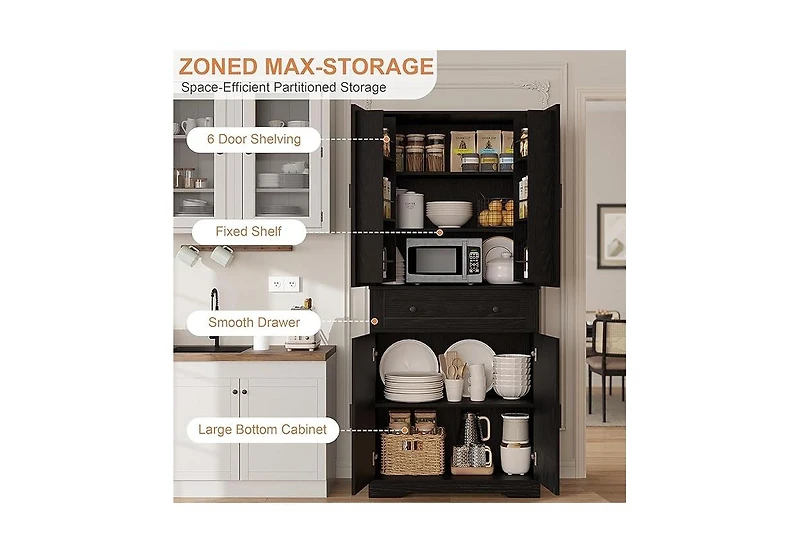 homfan 71'' Kitchen Storage Pantry Cabinet, 4-Door Freestanding Cabinet with 6 Shelves and 1 Drawer, Cupboard