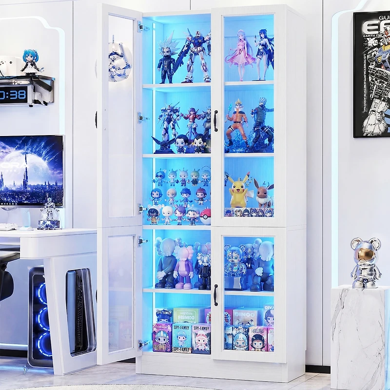 5-Tier Tall Display Cabinet with Glass Doors, 80" Bookcase with Led Light