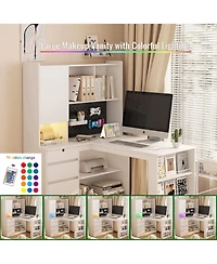 Boyel Living L Shaped Desk with Charger Computer Desk with Drawers Bookshelf with Led Light Modern Corner Desk Home Office Desk