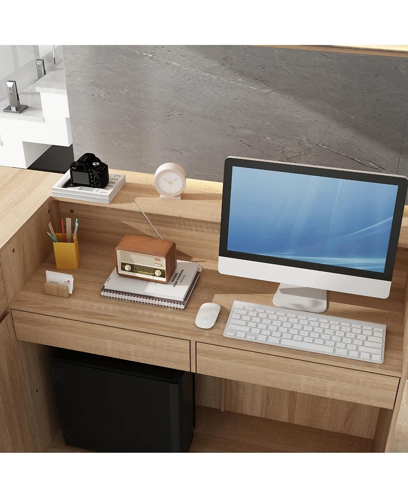 Homsee L-Shaped Reception Desk with Storage - Premium Engineered Wood Front Desk with Open Shelves and Drawers