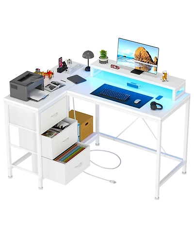 homfan L Shaped Computer Desk with Power Outlets and Led Lights - 3 Drawers, Storage Shelves, Monitor Stand