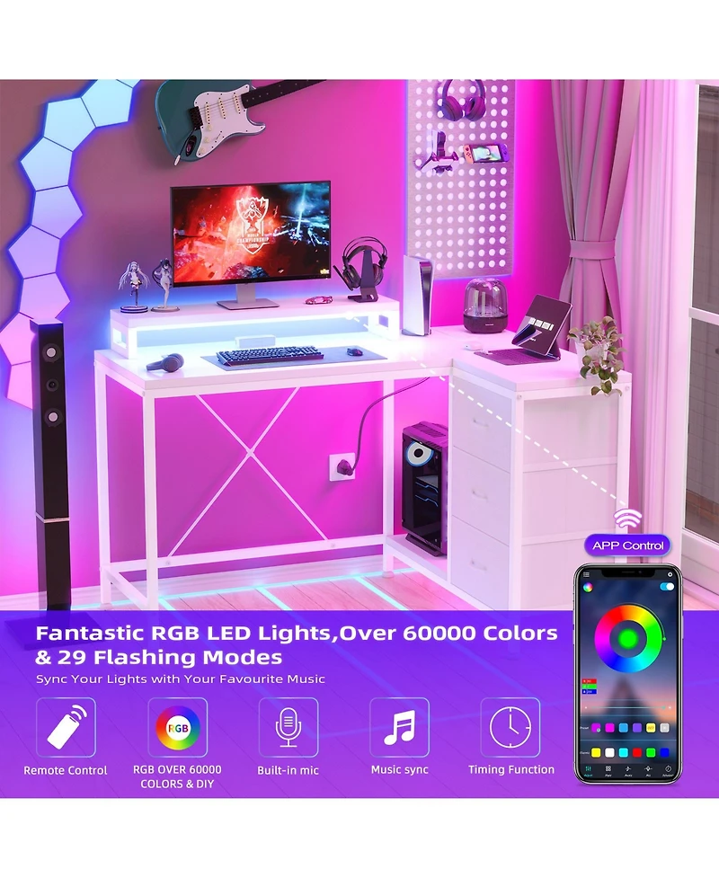 homfan L Shaped Computer Desk with Power Outlets and Led Lights - 3 Drawers, Storage Shelves, Monitor Stand