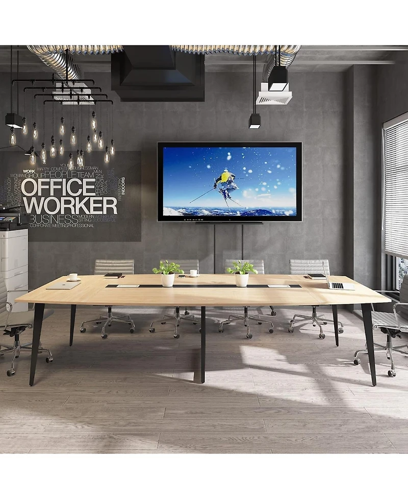 Tribesigns 8FT Conference Table: 94.48"L boat-shaped meeting table with cable grommets. Modern conference table for office. Light Wood Grain