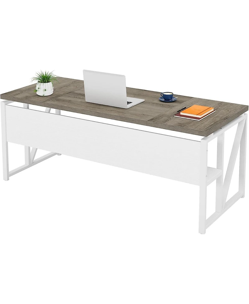Tribesigns 63" Computer Desk with Bottom Shelf: Home office writing table for workstation. Dark Walnut Plus steel legs. (Cabinet not included)