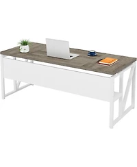 Tribesigns 63" Computer Desk with Bottom Shelf: Home office writing table for workstation. Dark Walnut Plus steel legs. (Cabinet not included)