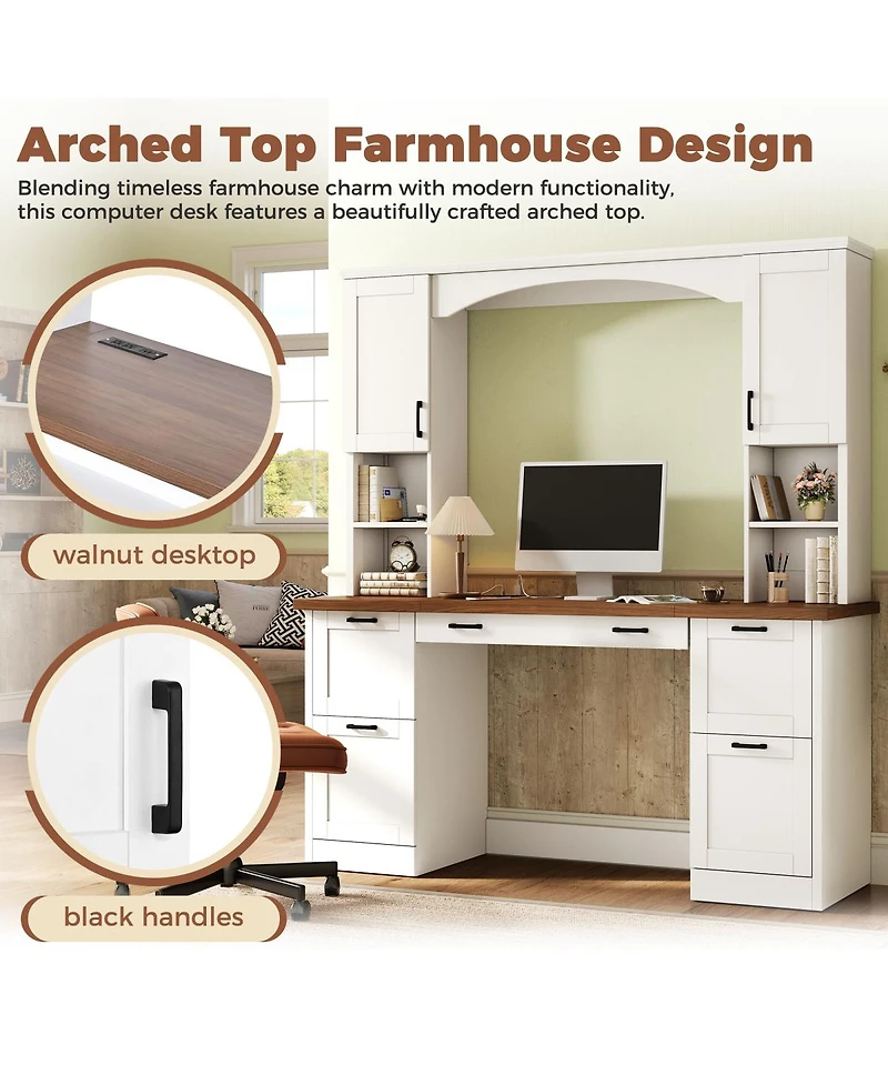 Streamdale Furniture Farmhouse Arched Computer Desk with Hutch and Charging Station