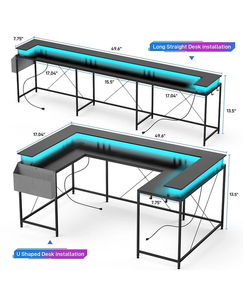 homfan U-Shaped Reversible Office Desk with Power Outlets, Rgb Led Lights, Monitor Stand, Storage Shelves, Large Corner Computer Table for Home
