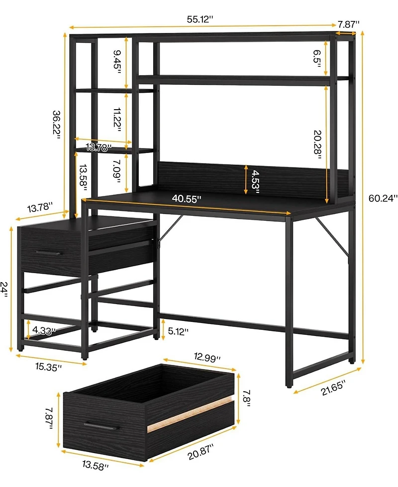 Tribesigns 55" Computer Desk with 2 Drawers: Rustic office desk with hutch and shelves. Workstation for home office