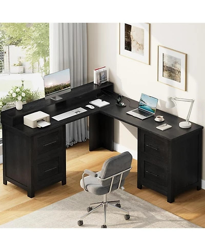 gaomon 63" Farmhouse L-Shaped Executive Desk with 4 File Drawers, Power Outlet and Monitor Stand