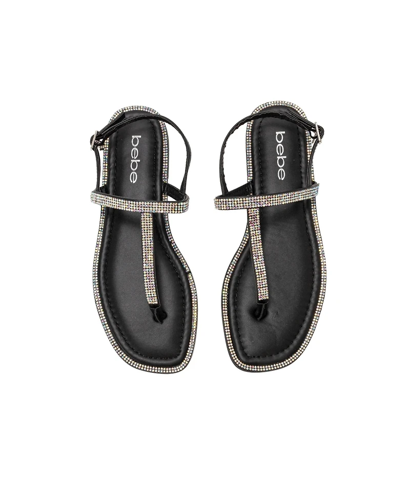 bebe Women s Rhinestone T-Strap Sandals - Flat Thong with Ankle Strap