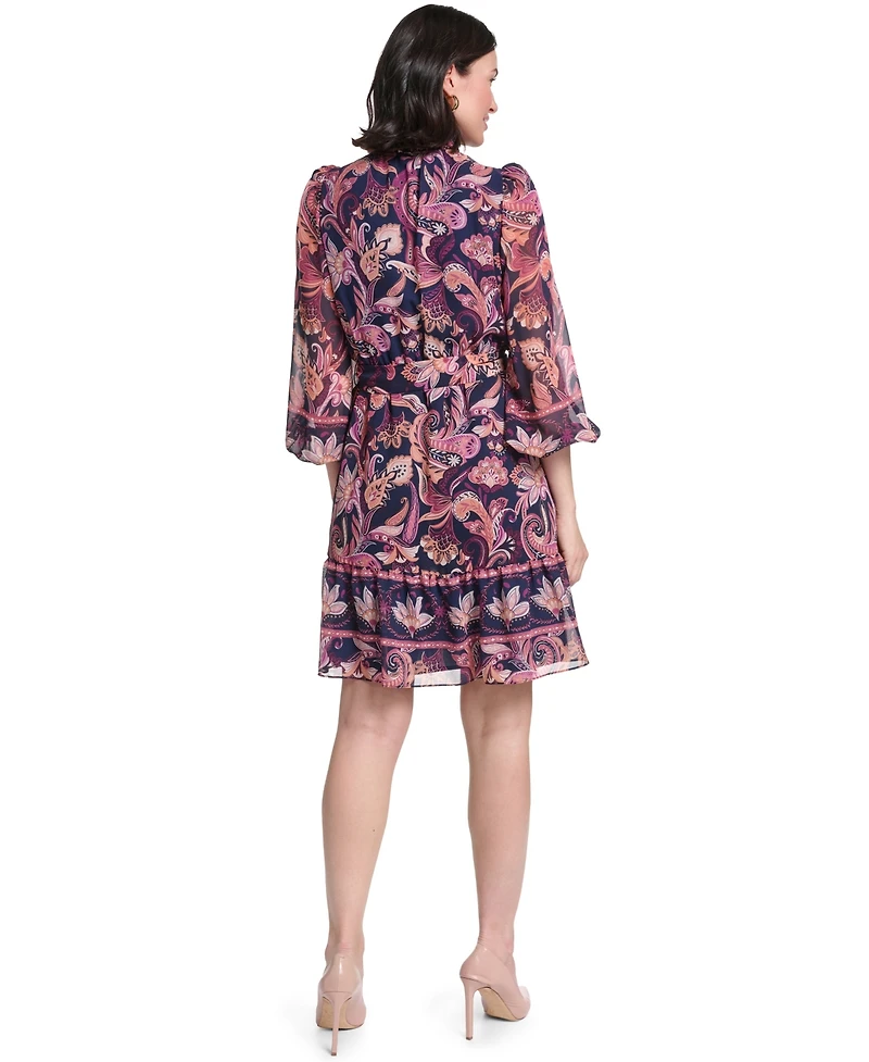 Jessica Howard Petite Ruffle Neck Puff Sleeve Fit-and-Flare Dress