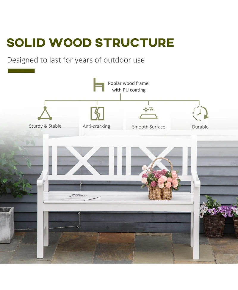 Outsunny 2-Seater Wooden Garden Bench, 4FT Outdoor Patio Loveseat with Unique X-Shape Back for Yard, Lawn, Porch, White