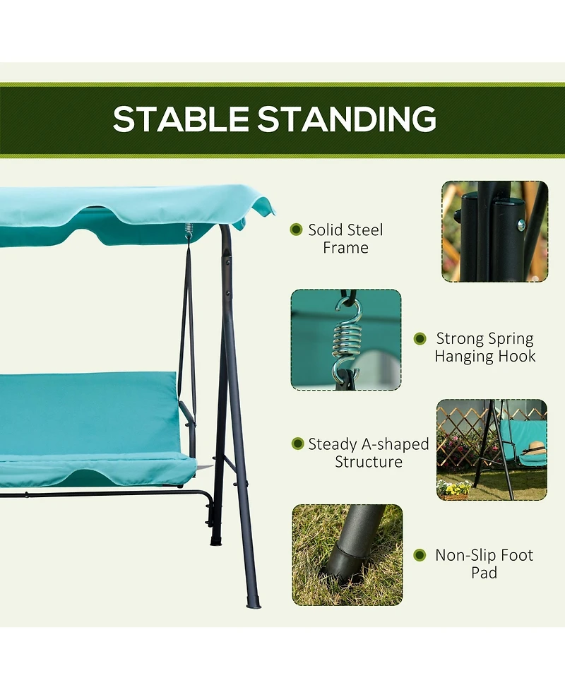 Outsunny Patio Porch Swing Chair with Adjustable Canopy, Seats 3 Adults, Steel Frame, Armrests, Green