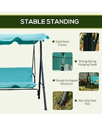 Outsunny Patio Porch Swing Chair with Adjustable Canopy, Seats 3 Adults, Steel Frame, Armrests, Green