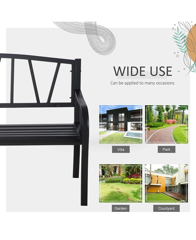 Outsunny Metal Garden Bench for 2 with Armrests, Backrest,