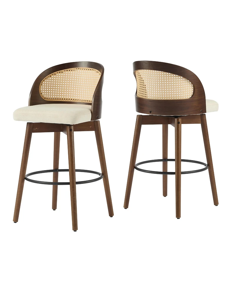 Maison Boucle Swivel Counter Height Bar Stools Set of 2, Solid Wood Rubberwood Frame, Walnut Finish, Fabric Upholstered Seat, Rattan Backrest