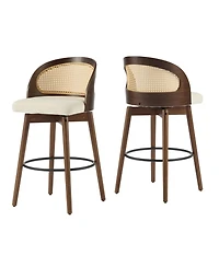 Maison Boucle Swivel Counter Height Bar Stools Set of 2, Solid Wood Rubberwood Frame, Walnut Finish, Fabric Upholstered Seat, Rattan Backrest