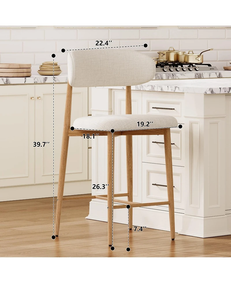 Maison Boucle Mid-Century Modern Counter Height Bar Stools Set of 4, Linen Upholstered, Natural Finish Leg Frame, Kitchen Island Seating, 26" Seat H