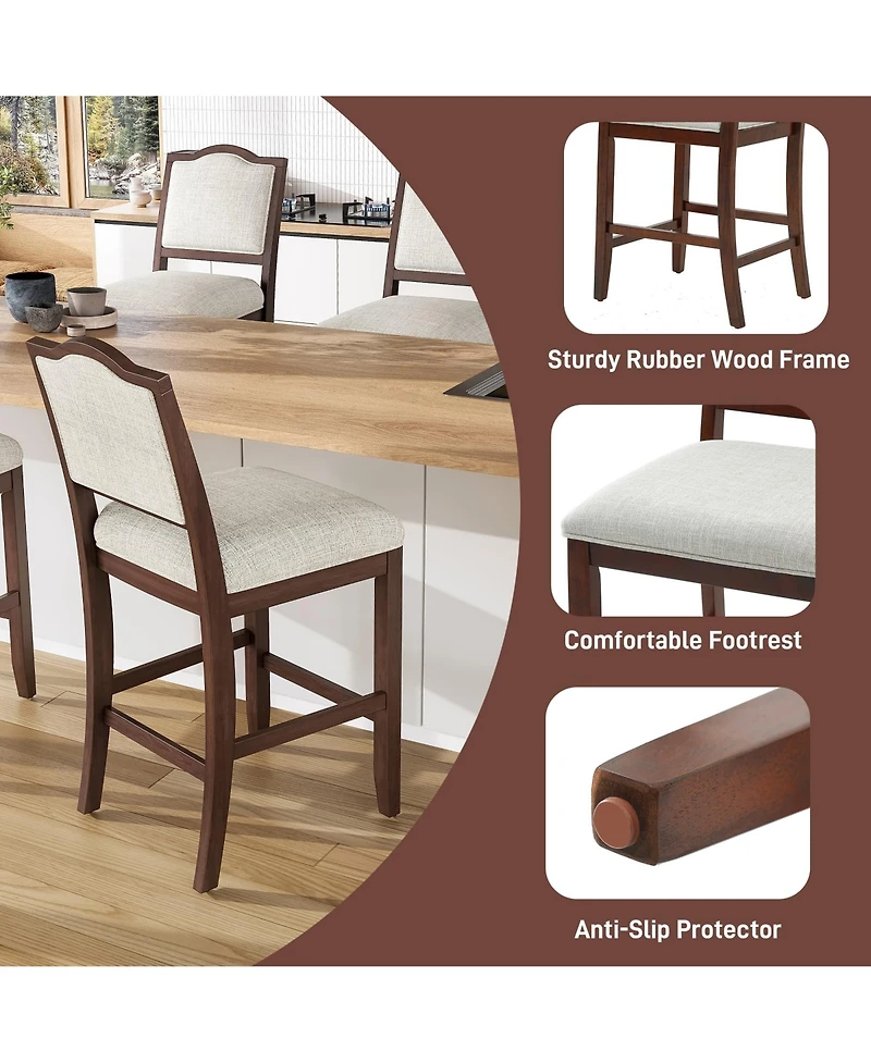 Maison Boucle Counter Height Bar Stools Set of 2, Solid Wood Frame, Upholstered Seat And Back, Curved Backrest, Kitchen Island Seating