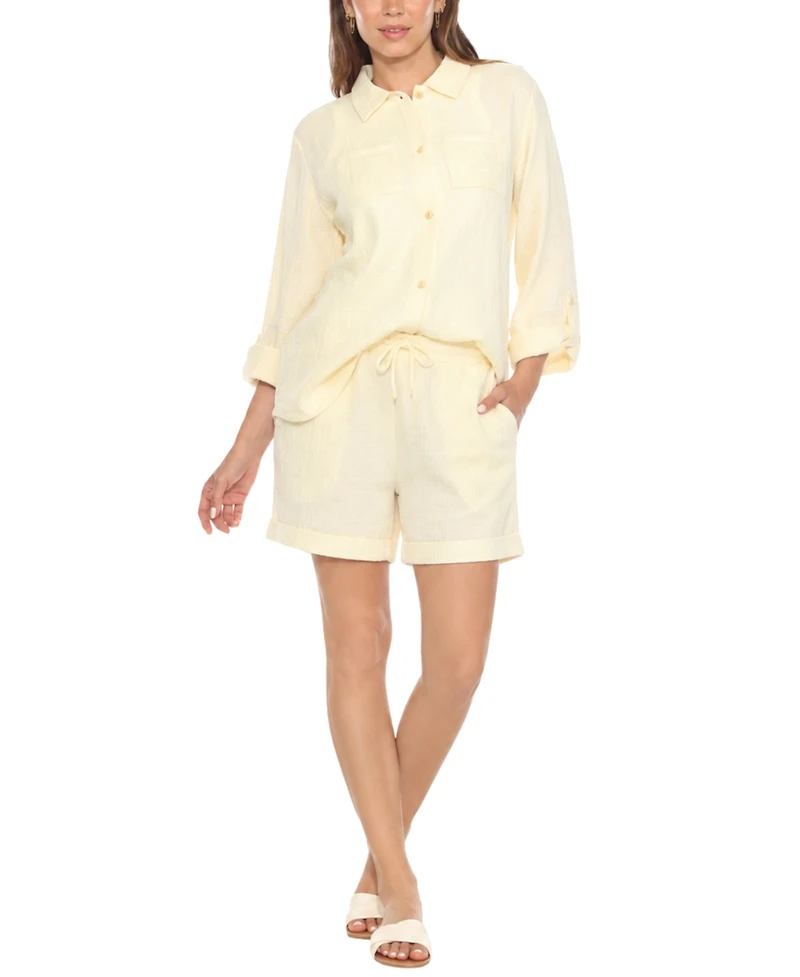 White Mark Women's Gauze Button-Front Shirt Shorts Set