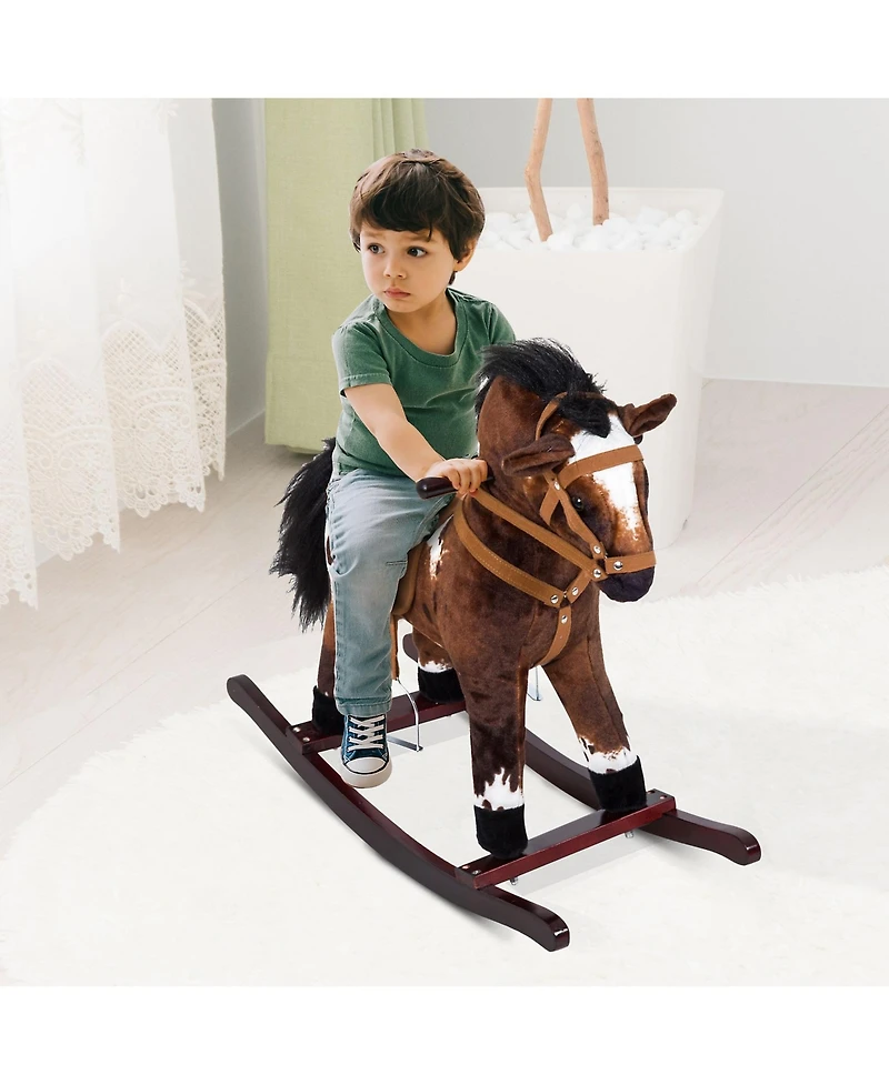 Zeny Rocking Horse Kids Plush Ride-On Toy Nursery Rhyme Music 18-36 Months Light Brown White Perfect Gift for Toddlers