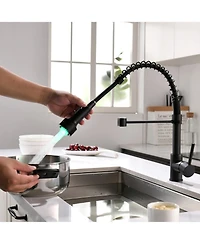 Phying Led Commercial Kitchen Faucet Single Handle Single Lever Pull Down Sprayer 360 Rotatable High Arch Gooseneck Sink Faucet
