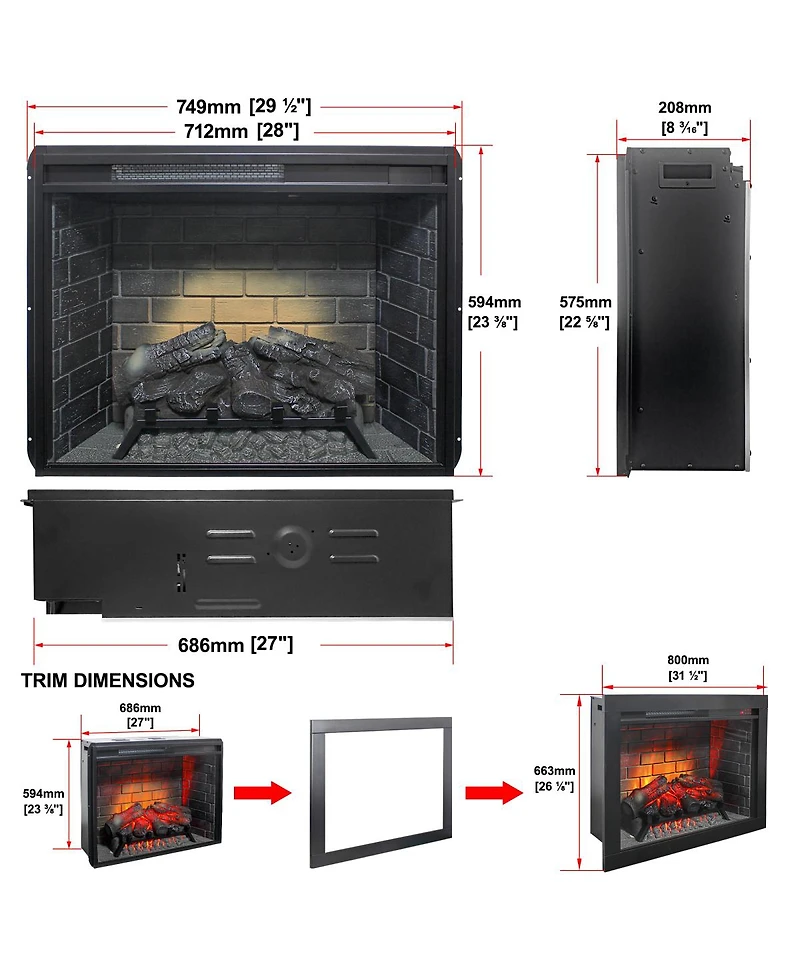 Streamdale Furniture 28" Infrared Electric Fireplace Insert with Removable Trim and Touch Panel