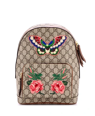 Pre-Owned Gucci Small Zip Pocket Backpack Embroidered Gg Coated Canvas