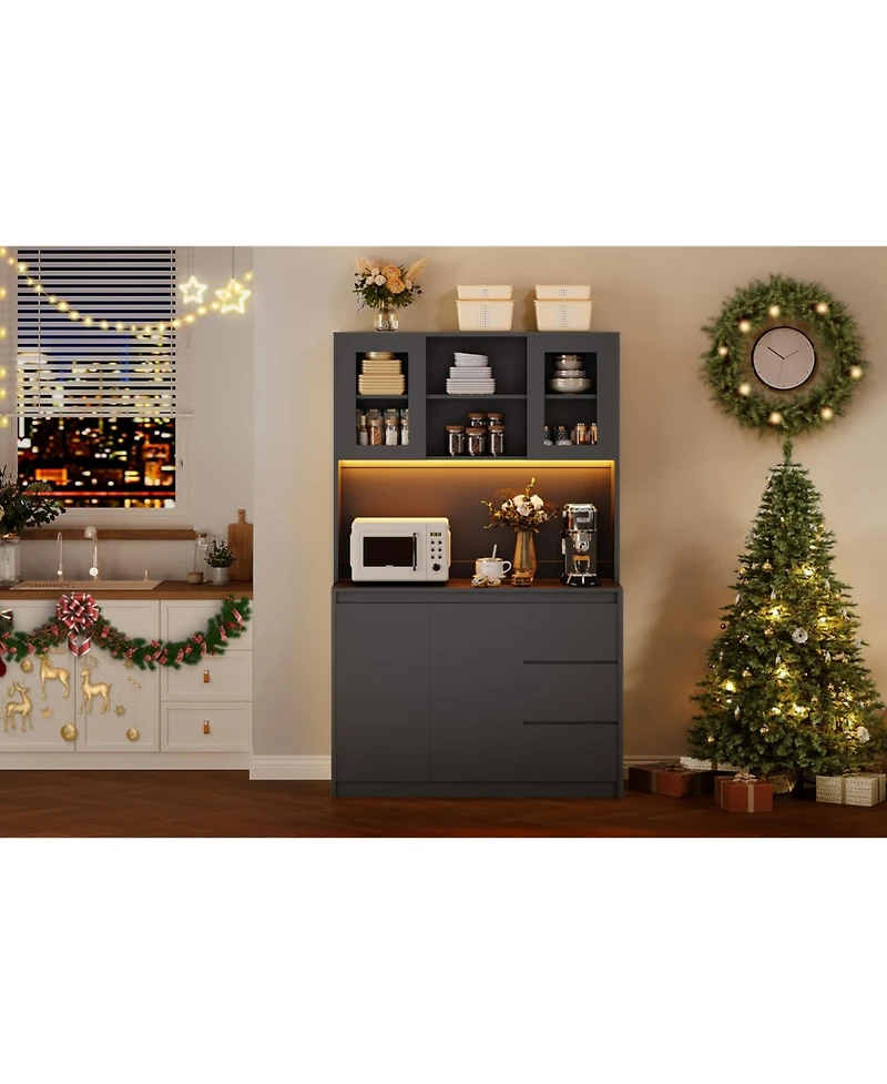 homfan Tall Kitchen Pantry Cabinet with Led Light and Charging Station Storage Hutch Microwave Shelf for Living Room