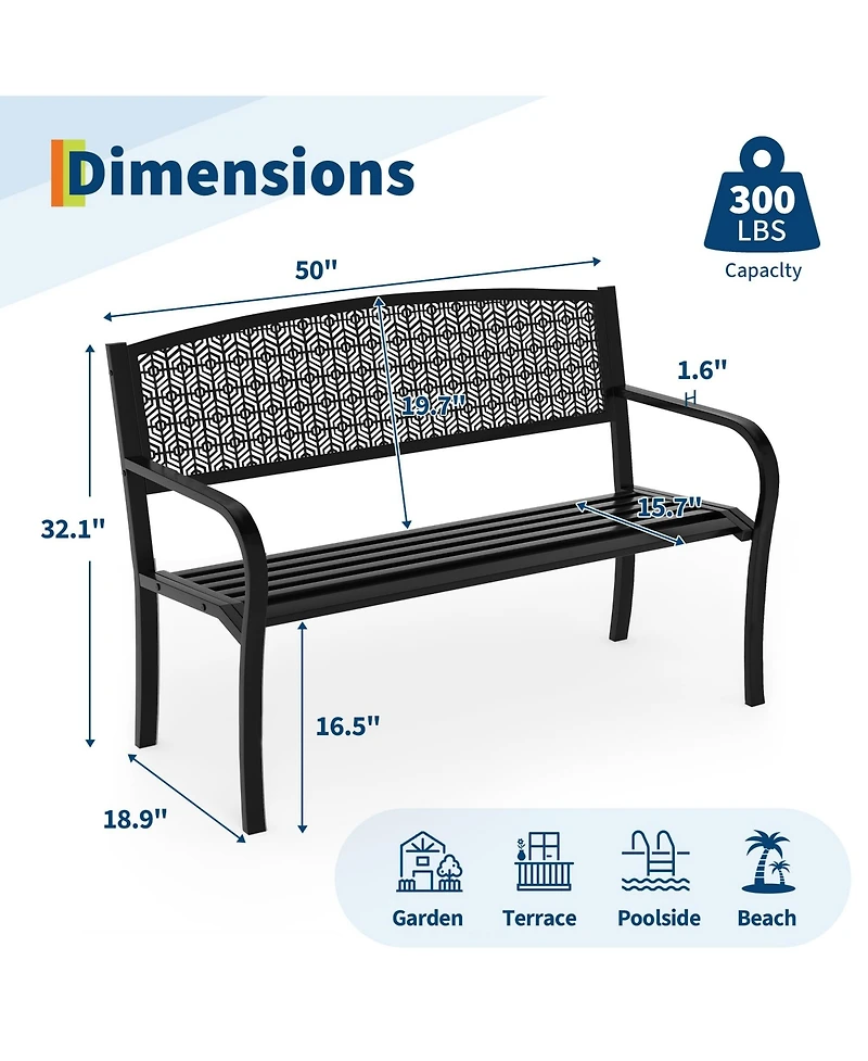 GarveeLife 50" Outdoor Metal Garden Bench, Patio Steel Bench with Curved Backrest, Decorative Pattern, Weather-Resistant Porch for Yard, Park